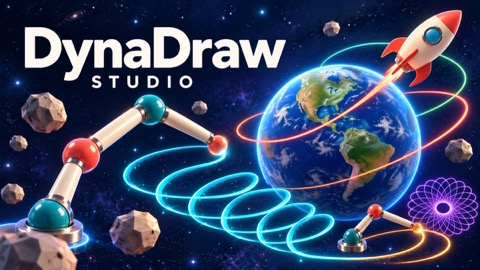 DynaDraw Studio drawing arms, glowing trails, Earth, and a rocket