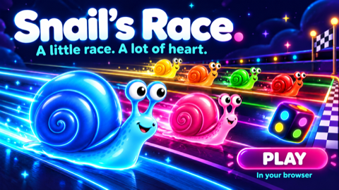 Six colorful snails racing toward a glowing finish line